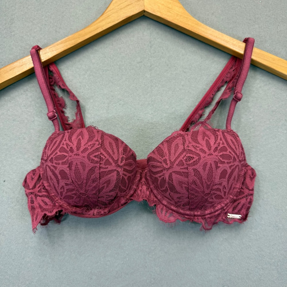 Victorias Secret PINK Date Push-Up Bra 32B Burgundy Floral Lace Underwire Padded